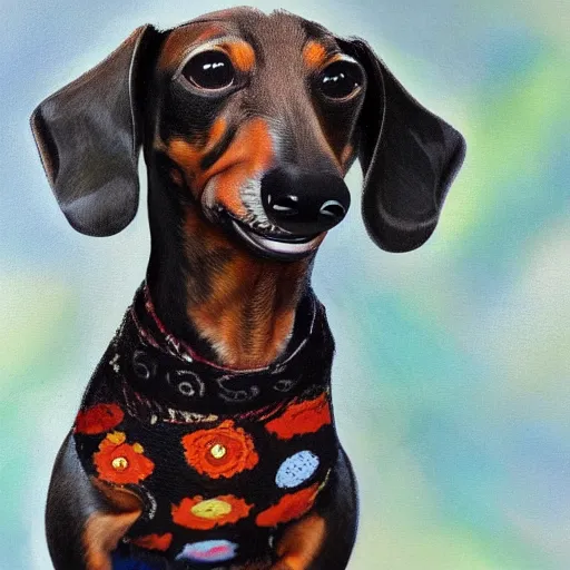 Image similar to very detailed portrait of a very happy dachshund, with a big smile