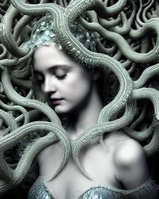 Image similar to surreal mythical dreamy underwater artistic bw fine art photo of a beautiful young female angelic - medusa - cyborg covered with fish scales and algae, highly detailed, intricate crystal ivy jelly fish scales ornate, poetic, octane render, 8 k, photo - realistic