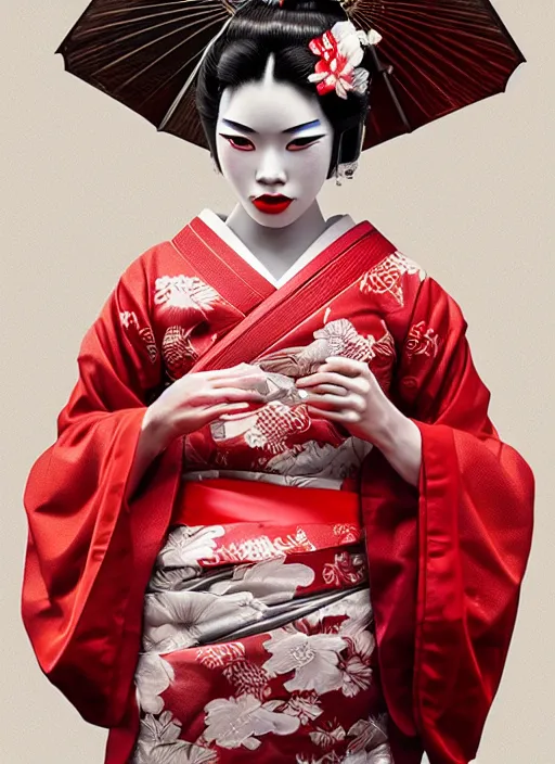 Prompt: geisha dressed witha kimono of smoke, fluent composition, red and white neon, concept art, ambient light, 4 k, intricate details, highly professionally detailed, cgsociety, highly detailed -
