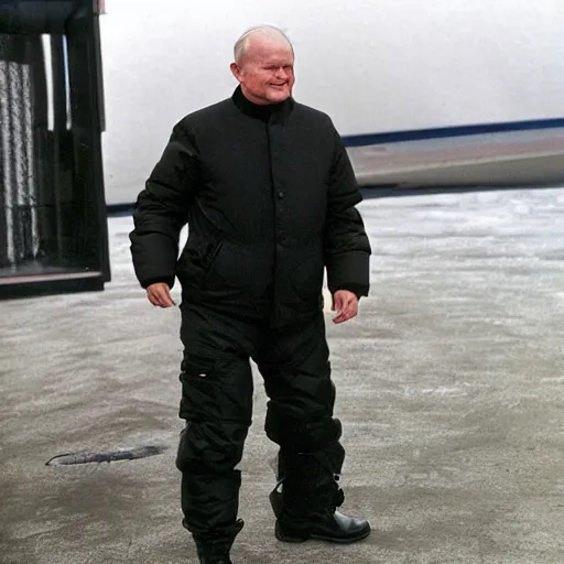 Image similar to john paul ii posing in a black puffed nuptse, black cargo pants and high black boots, press paparazzi photograph