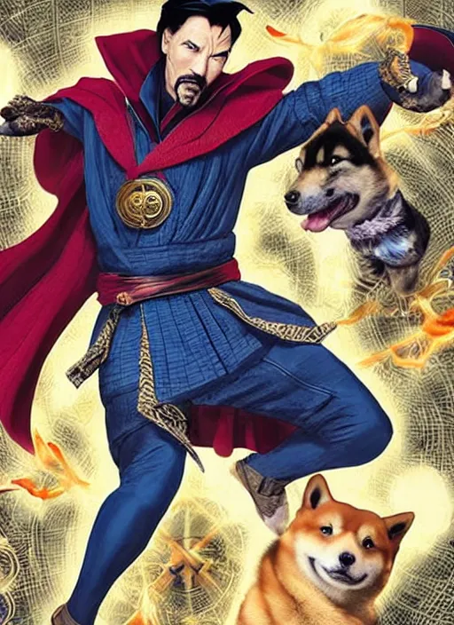 Image similar to dr. strange casting a shield spell in the metaverse with a shiba inu samurai at his feet, hyper realistic, highly detailed, perfect face, smooth, focus