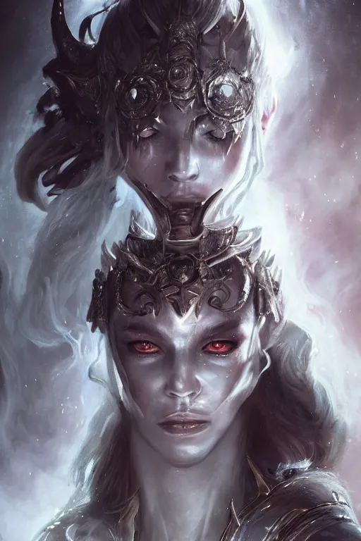 Prompt: a beautiful portrait of celestial Demon women covered in white flames with an intense look on her face by Greg Rutkowski, Sung Choi, Mitchell Mohrhauser, Maciej Kuciara, Johnson Ting, Maxim Verehin, Peter Konig, Bloodborne , 8k photorealistic, cinematic lighting, HD, high details, atmospheric , trending on artstation