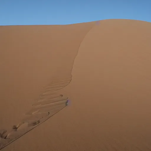 Image similar to a large sand dune with a large obelisk hovering in the middle of the sand dune. clear sky, grainy.