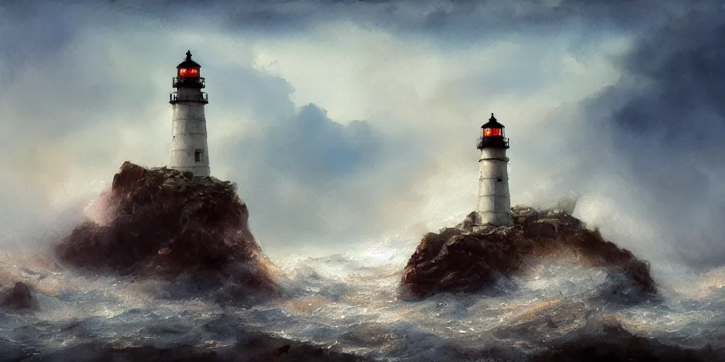 Image similar to a watercolor painting of a single lighthouse in a small rocky island during a violent storm by craig mullins, high quality, highly detailed, digital painting, masterpiece, turbulent sea, dramatic lighting, cinematic, centered, watercolor, william turner style, 4 k