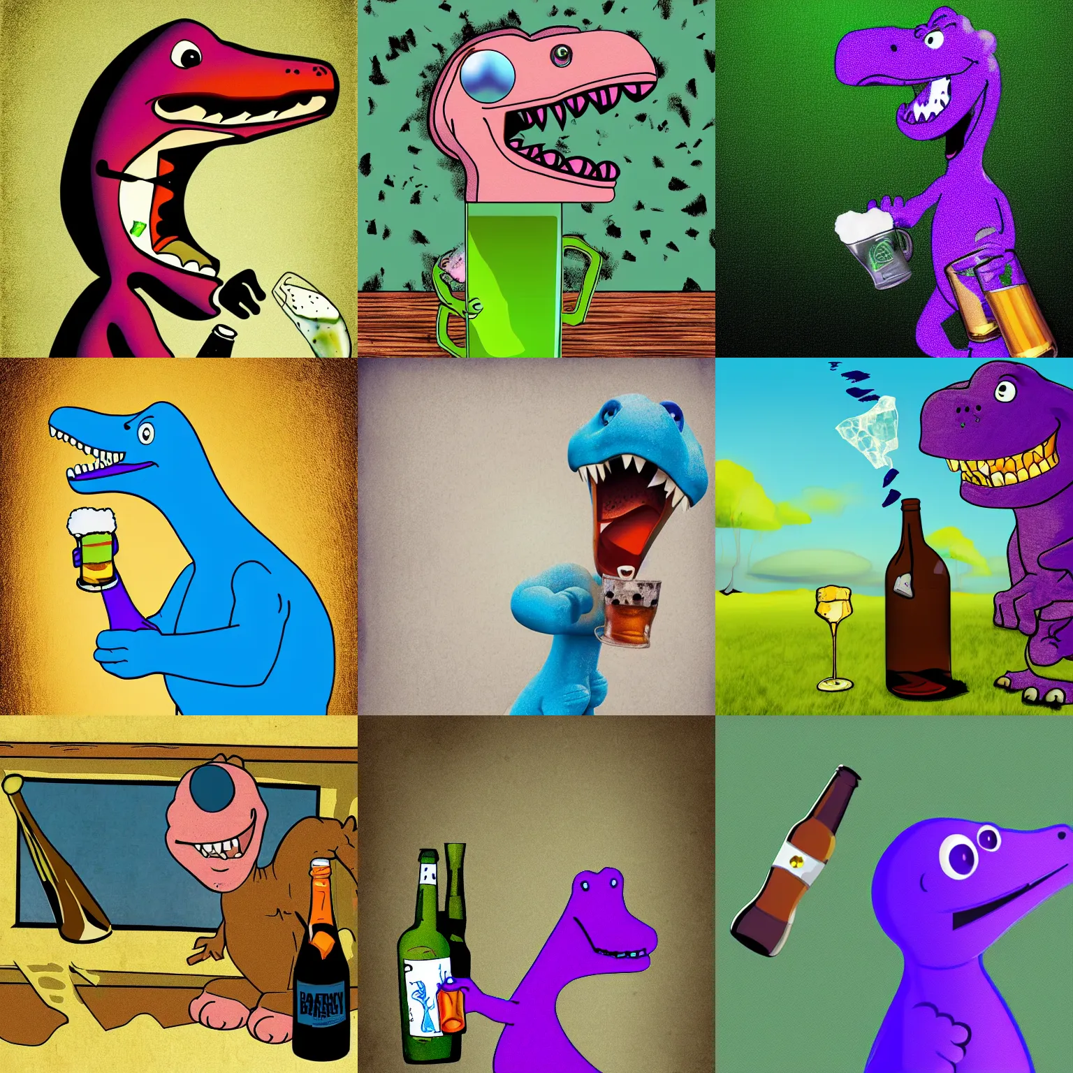 Prompt: barney the dinosaur holding a broken beer bottle, absurdist, digital art