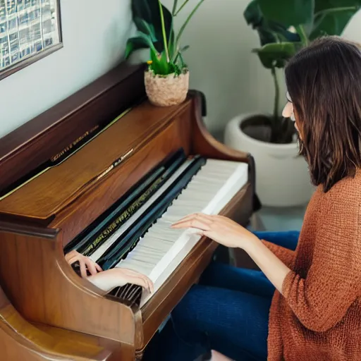 Prompt: portrait of a woman with brown hair programming a computer, photograph of the whole room, colorful computer screen, home office with plants, colorful kid toys all over the floor, piano in the background, cosy, serene, morning light, very detailed, vivid colors, solid color background, steampunk