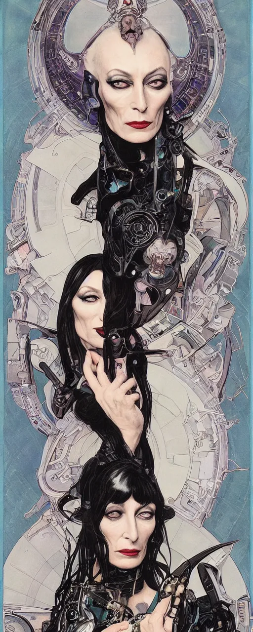 Prompt: a beautiful and captivating sci - fi art nouveau style portrait of anjelica huston as a futuristic gothpunk rebel soldier by chris achilleos, travis charest and alphonse mucha, mixed media painting, photorealism, extremely hyperdetailed, perfect symmetrical facial features, perfect anatomy, ornate declotage, circuitry, technical detail, confident expression, wry smile