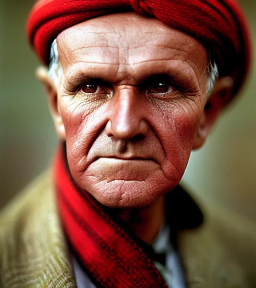 Image similar to portrait of president calvin coolidge as afghan man, green eyes and red scarf looking intently, photograph by steve mccurry