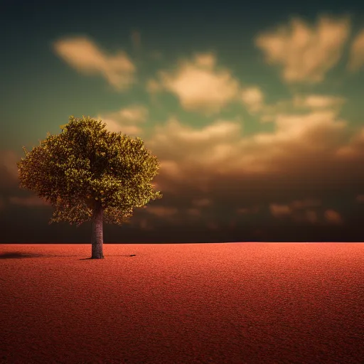 Image similar to Red sand desert,tree,cloudy,windy,dusk,cinematic composition,cinematic lighting,photo real,hyper realistic,highly detailed,8k render