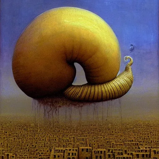 Image similar to a giant holy snail stands over a city painting by beksinski, barlowe colors. masterpiece painting