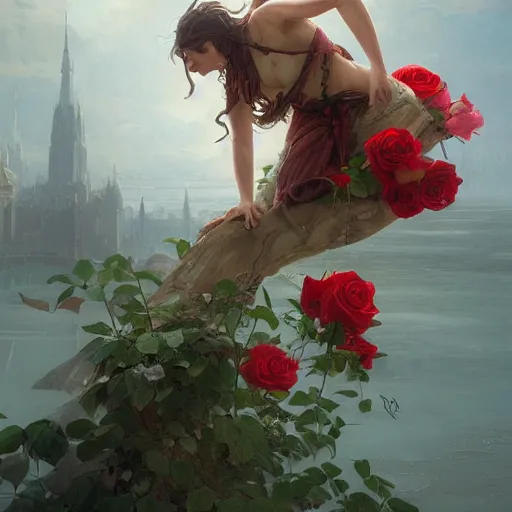 Prompt: man suspended over water, roses everywhere, highly detailed, digital painting, artstation, concept art, smooth, sharp focus, illustration, art by artgerm and greg rutkowski and alphonse mucha