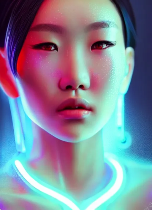 Prompt: photorealistic portrait of asian female humanoid, cyber neon lights, highly detailed, cyberpunk fashion, elegant, crispy quality, trending in artstation, trending in pinterest, glamor pose, no signature, no watermark, cinematic, art by pascal blanche