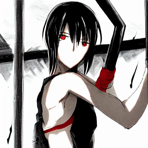 Image similar to mikasa ackerman doing pullups, sweating, sharp eyes