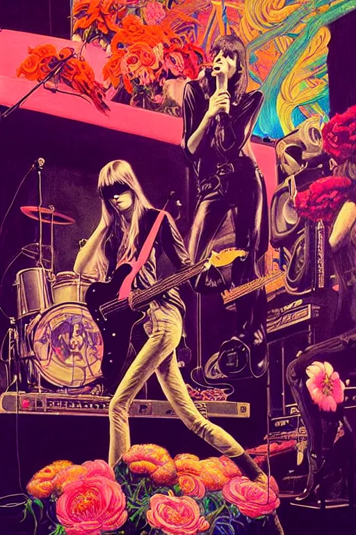 Image similar to the velvet underground and nico playing live on stage at a night club, beautiful stage decoration with flowers in the background, painting by james jean and syd mead and gaston bussiere, very detailed and colorful and toned down and ornamental and moody and cool and relaxed and high on drugs, trending on artstation, behance contest winner