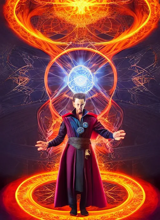 Image similar to portrait of doctor strange opening a portal to hell, by charlotte grimm, natural light, detailed face, beautiful features, symmetrical, canon eos c 3 0 0, ƒ 1. 8, 3 5 mm, 8 k, medium - format print,