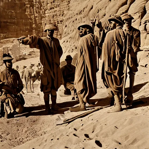 Prompt: ultra detailed photorealistic sepia - toned photo from 1 9 1 7, clean - shaven british soldiers standing with bedouin traders in traditional arab garb, at an archaeological dig site in wadi rum, ultra realistic, painted, intricate details, lovecraft, atmospheric, dark, horror, brooding, highly detailed, by clyde caldwell
