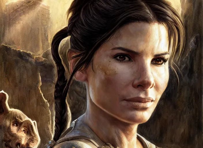 Image similar to face portrait of concentrated young Sandra Bullock as Lara Croft with pig-tails entering an incredible epic ruin, glorious sun beams, intricate, elegant, highly detailed, digital painting, short focus, illustration, Allan Lee, John Howe