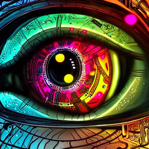 Image similar to Cybernetic Eye with intricate reflections and circuits, colorful, fantasy, vivid colors, concept art, sharp focus, digital art, Hyper-realistic, 4K, Unreal Engine, Highly Detailed, HD, Dramatic Lighting by Brom, trending on Artstation