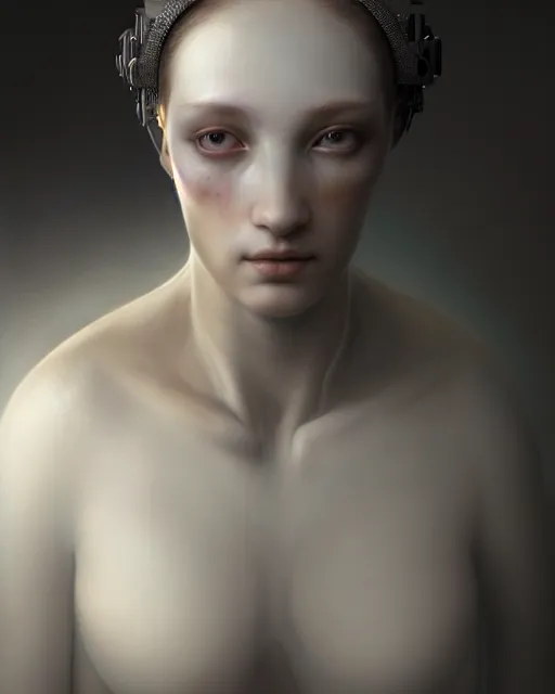 Image similar to dreamy, monochrome, subsurface scattering, white, young beautiful cyborg - goddess in cosmos, octane render, dino valls, mark ryden, joe fenton, michal karcz, highly detailed, rim light, art, cinematic lighting, very coherent, hyper realism, 8 k