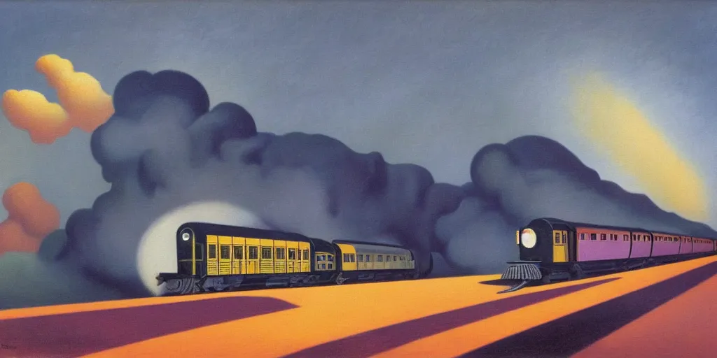 Image similar to oil painting of streamline train speeding. futurism. romanticism. extreme speed with headlight shining into the fog. dramatic lighting. thomas hart benton and magritte.