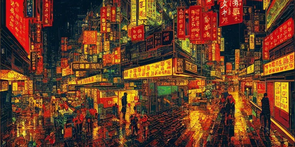 Image similar to artwork of a hong kong street, by dan mumford and wong kar - wai and peter doig, highly detailed, dramatic lighting, 8 k