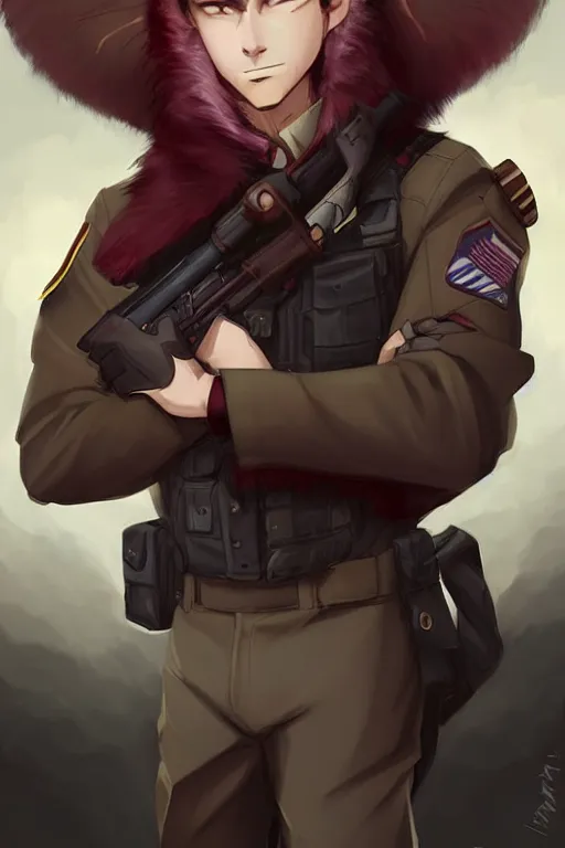 Prompt: beautiful portrait commission of a male furry anthro!!! fruit bat wearing military clothes and a maroon beret. Active Warzone with guns and explosions Atmospheric. Character design by charlie bowater, ross tran, artgerm, and makoto shinkai, detailed, inked, western comic book art. male furry anthro!!! fruit bat