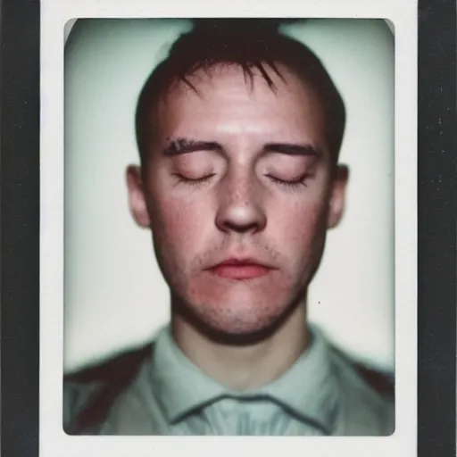 Prompt: a professional polaroid portrait photo of a man with an asymmetrical face with his eyes closed. the man has black hair, freckled skin and a look of panic on his face. extremely high fidelity. key light. coloured light bleed.