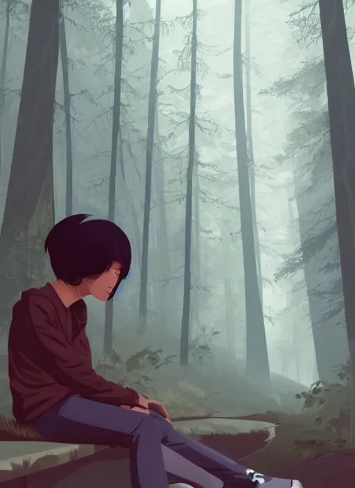 Prompt: a teenage boy sits peacefully in a misty forest. clear detailed face. clean cel shaded vector art. shutterstock. behance hd by lois van baarle, artgerm, helen huang, by makoto shinkai and ilya kuvshinov, rossdraws, illustration, art by ilya kuvshinov