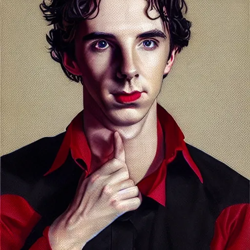 Prompt: portrait of a hybrid of benedict cumberbatch and freddie highmore and timothee chalamet in black shirt with red suspenders, photo realistic, highly detailed, perfect face, art by james jean
