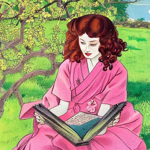 Prompt: beautiful little girl with long curly red hair dressed in a pink kimono and sitting next to a tree while reading a book, artwork made in western comic art style, inspired in balthus, anatomically correct, higher details, realistic