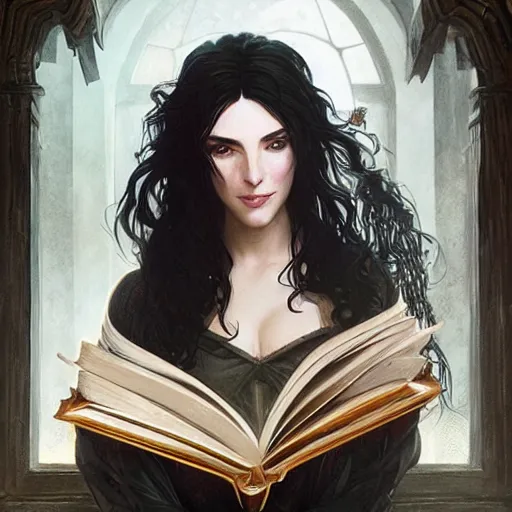 Prompt: Yennefer from the Witcher with a delirious expression while reading an ancient magic book, intricate, highly detailed, digital painting, artstation, concept art, smooth, sharp focus, illustration, Unreal Engine 5, 8K, art by artgerm and greg rutkowski and alphonse mucha