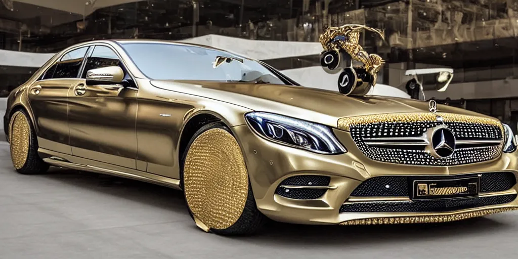 Image similar to a mercedes studded with diamonds, luxurius, premium, gold plated