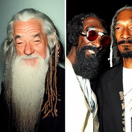 Prompt: gandalf and snoop dogg smoking weed smiling