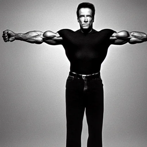 Image similar to arnold schwarzenegger with small arms, slim body, small legs, no muscles