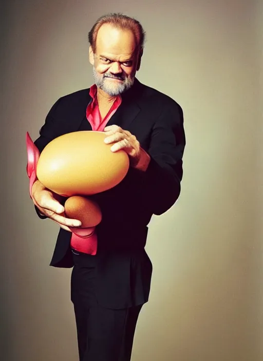 Prompt: ultrawide angle colour portrait masterpiece photography of kelsey grammer holding a scrambled eggs full body shot by annie leibovitz michael cheval miho hirano moebius josh kirb