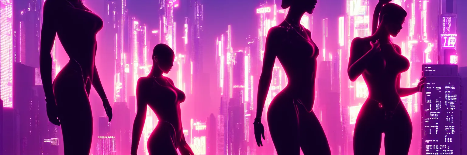 Prompt: backlit silhouette of a female humanoid in a cyberpunk cityscape, half body cropping, elegant glamor pose, accurate anatomy, cyber led neon lighting, bokeh, rule of thirds, hyper photorealistic, crispy quality, digital photography, art by pascal blanche, art by artgerm, art by greg rutkowski,