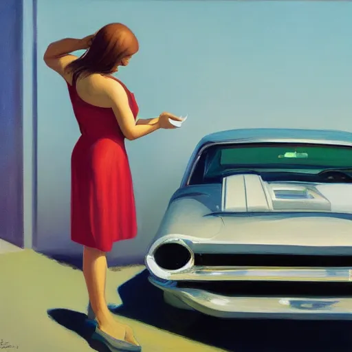 Prompt: Half body portrait with car, dated a woman that lived on Cooterneck Road, She had a catfish Camero and was cooler than me, by Edward Hopper, Bo Bartlett, and Cynthia Sheppard, Artstation