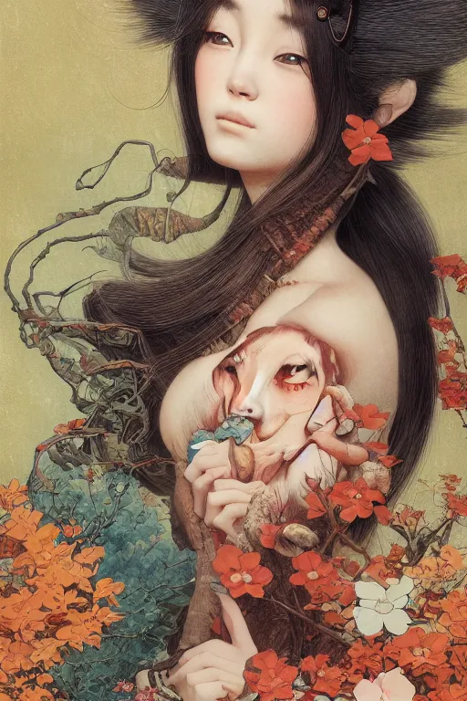 Prompt: a cover of japanese art portrait of a cute girl magazine about animal creatures bio by illustrated by miyazaki by karol bak, james jean, tom bagshaw, rococo, sharp focus, trending on artstation, cinematic lighting, hyper realism, octane render, 8 k, hyper detailed, vivid, ultra detailed, highly detailed