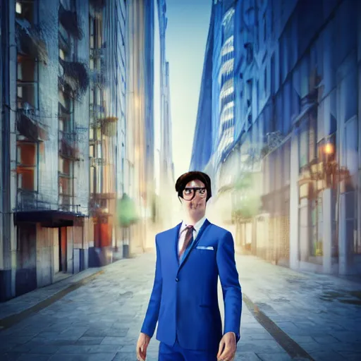 Prompt: a man with an elegant blue suit, photography, 3 d render, at night, buildings, dinosaur, strawberries