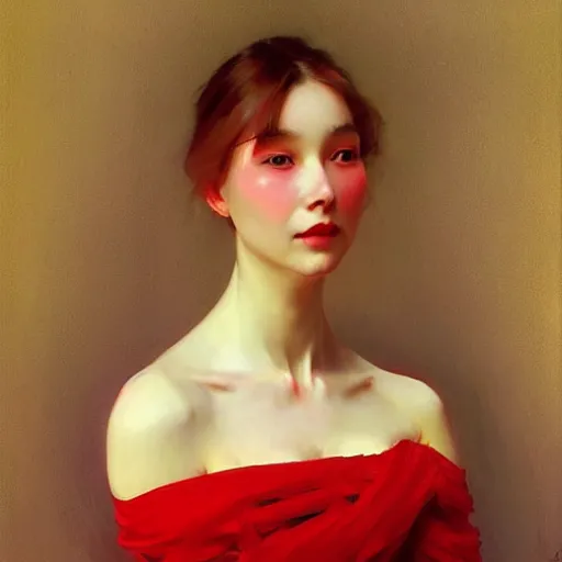 Image similar to yanjun cheng portrait of a beautiful woman, red dress, floral patterns by norman rockwell, bouguereau