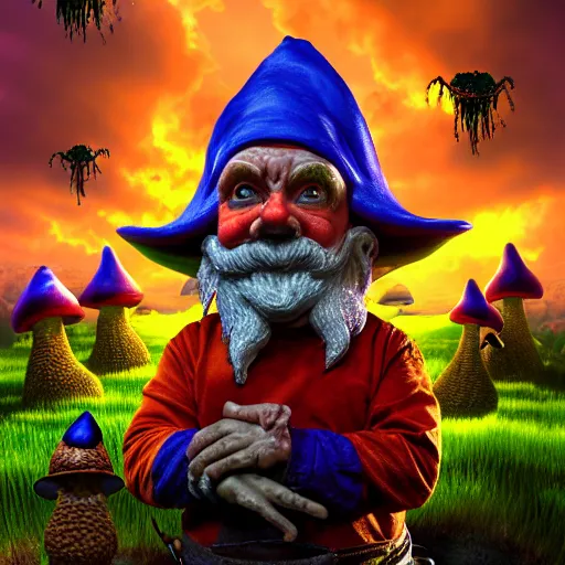 Image similar to a portrait of a scary gnomes in a poison mushroom village, highly detailed, digital photo, hdri, by christopher bretz and john carpenter, vivid colors, high contrast, 8 k resolution, intricate, photorealistic, smooth, psychedelic color scheme, concept art, award winning, cg society contest winner