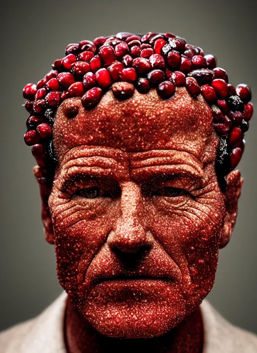 Prompt: portrait of bryan cranston's face made of cranberries, cranberry statue, natural light, sharp, detailed face, magazine, press, photo, steve mccurry, david lazar, canon, nikon, focus