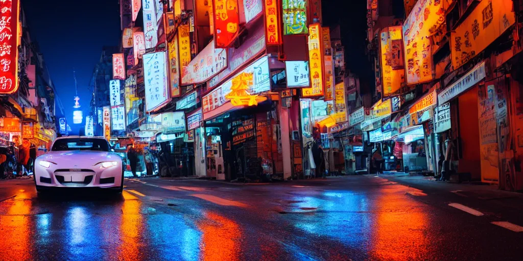 Prompt: supra with a orange neon light above the car and a light reflection in the middle of a road on the night Hong Kong china town, blue color grading, cinematic color grading , unreal 5, hyperrealistic, realistic, photorealistic, dynamic lighting, highly detailed, cinematic landscape, studio landscape, studio lighting