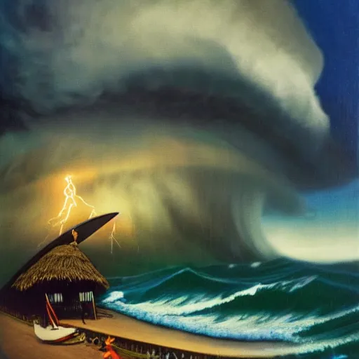 Image similar to bob marley surfing 50 foot waves in a violent lightning storm, a tiki hut in the foreground is almost blown over by the powerful winds by Alexander Jansson, oil on canvas, 8k