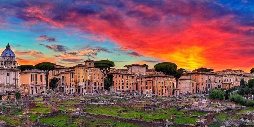 Image similar to sunset on rome, tetrachromacy, realistic photo, landscape