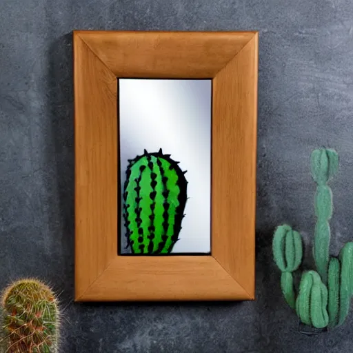 Prompt: rectangular mirror in dessert with cactus