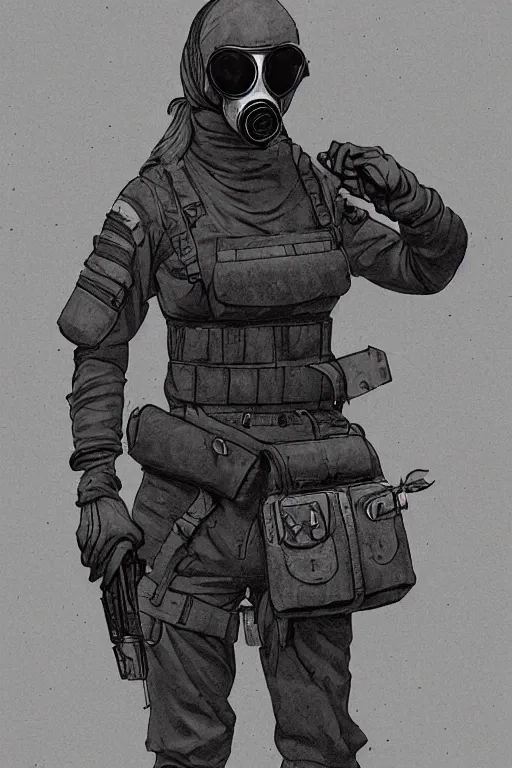 Image similar to medieval british sas female operative with the standard s 1 0 gas mask and the black uniform, artstation, trending on artstation, establishing shot, by simon stalenhag