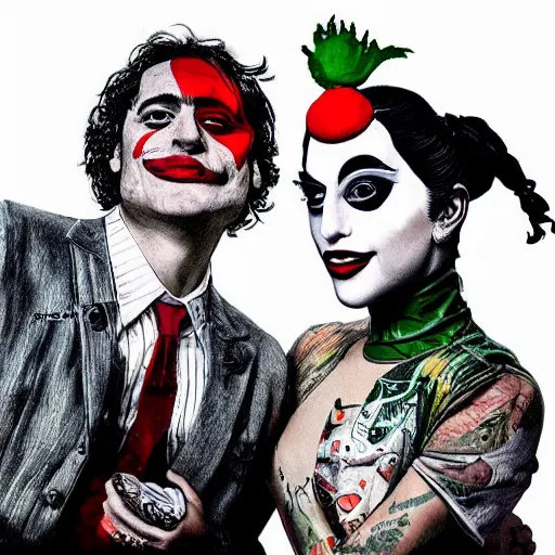 Prompt: mimmo rottela and banksy as joaquin phoenix skinny joker holding hand lady gaga harley queen, photorealistic, intricate details, pop art style, baroque, hyperdetailed