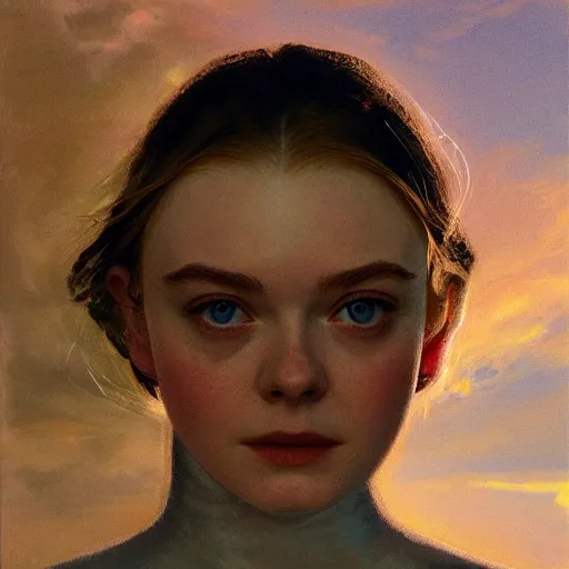 Prompt: Elle Fanning as an Android, head and shoulders, oil on canvas, golden hour, in the world of Andrew Wyeth, artstation, by J. C. Leyendecker and Peter Paul Rubens,