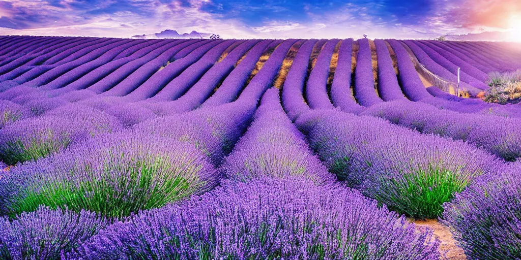 Prompt: Lavender Fields in full bloom, modern digital art, sunrise, beautiful scene